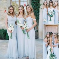 Wholesale 2021 Cheap Simple Beach Country Sky Blue Chiffon Ruched Bridesmaid Dresses Off The Shoulder Backless Long Wedding Guest Gowns for Girls