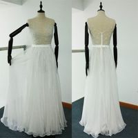 Wholesale Sheer Beach Wedding Dresses A Line Beaded Embroidery Runway Gowns Cap Sleeves Tulle Chiffon Real Images