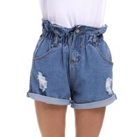 elastic waist ripped denim shorts