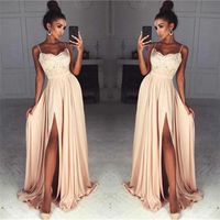 Wholesale Stunning Champagne Lace Chiffon Prom Dresses Sexy Front Slit Spaghetti Straps Long Party Evening Dress Vestidos de fiesta Evening Gowns