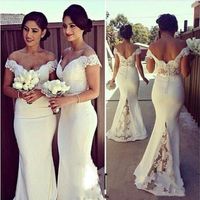 Wholesale Elegant Long Formal Dresses For Women Lace Off Shoulder Mermaid Sweep Train Corset Bridesmaid Dresses Covered Button Back Sweep Train