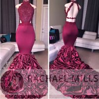 Wholesale 2017 African High Neck Ruffles Train Mermaid Prom Dresses Lace Beaded Sexy Open Back Slim Custom Made Formal Evening Celebrity Gowns