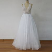 Wholesale 100 Real Image Soft Tulle A Line Lace Wedding Dresses Halter Sexy Open Back bohemian Boho Wedding Bridal Gowns Layered Custom Made