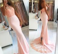 Wholesale 2017 New Cheap Black Girl Mermaid Halter Neck Illusion Sleeveless Pink Sweep Train Evening Dresses Lace Appliques Peals Beaded Prom Gowns