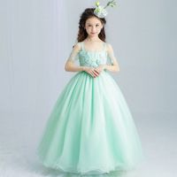 Wholesale Mint Green Elegant Tulle Lace Flower Girl Wedding Dress Ankle Length Appliques Bead Kids Party Prom Dress First Communion Dresses