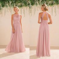 Wholesale Cheap Jasmine Bridal Blush Pink Bridesmaid Dresses Country Style Halter Neck Lace Chiffon Full Length Formal Prom Party Gowns Custom Made
