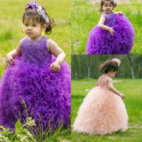 Wholesale Tiered Satin Flower Girl Dress Toddler Pageant Dresses Lace Up Ivory Lace Jewel Neck Junior Bridesmaid Dress Belt Birthday Gown Kids