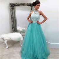 Wholesale New Arrival Mini A Line Graduation Dresses Halter Backless With White Lace Appliques Evening Party Gown Tulle Long Prom Gown