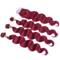 Wholesale Pure Red Color x4 quot Front Lace Closure With Bundles Body Wave Best Peruvian Virgin Human Hair Burgundy Red Extensions With Closure