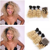 Wholesale 9A Virgin Brazilian Deep Curly Wave Ombre Bundles With Closure T B Curly Hair Weaves With Closure Dark Roots Blonde Hair With Closure