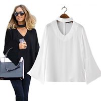 Wholesale women stylish flare sleeve halter V neck chiffon blouse summer fashion casual solid shirts loose tops plus size LT904