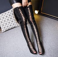 Wholesale 2017 Rome style peep toe lace up hollow out high heels over the knee thigh long boots size to