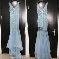 Wholesale 2016 Evening Dresses inspired by Paolo Sebastian Plunging V Neck Light Blue Sequins Beaded Court Train Sheer Real Images Prom Gowns