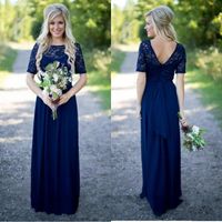 Wholesale 2020 Country Style Bridesmaid Dresses Long For Weddings Navy Blue Chiffon Short Sleeves Illusion Lace Sequin Purple Maid Of Honor Gowns