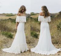 Wholesale Off Shoulder Beach Wedding Dresses Gowns Lace Sheath Sweep Train Country Chiffon Boho Bridal Gown Custom Made