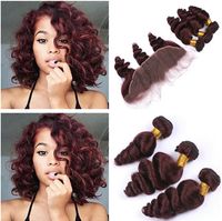 Wholesale Wine Red Virgin Peruvian Loose Wave Human Hair Bundles With Frontal J Burgundy x4 Full Lace Frontal Closure With Weaves