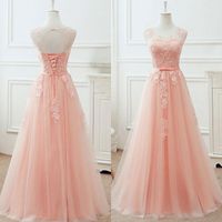 Wholesale Gorgeous Blush Pink Prom Dress A Line Sheer Neck Sleeveless Lace Appliques Corset Prom Dresses Lace up Open Back Cheap Evening Gown