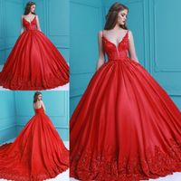Wholesale Red Ball Gown Prom Dresses Long Plunging Neckline Lace Applique Custom Made Formal Dress Sweep Train Beaded Evening Gowns