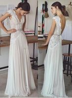 Wholesale vintage lace beaded wedding dresses simple A line v neckline v backless sweep train bridal gowns