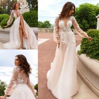 Wholesale Romantic Boho Champagne A Line Wedding Dresses Deep V Neck Long Sleeve Tulle Bridal Gowns D Flower Appliques Beads Country Wedding Dress