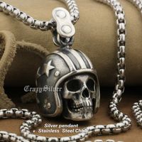 Wholesale LINSION Sterling Silver Motorcycle Helmet Skull Mens Biker Rock Punk Pendant TA19 Stainless Steel Necklace inches