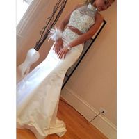 Wholesale Mermaid Pieces Prom Dresses High Neck Sleeveless Diamonds Beads Satin Floor Length Sparkly Party Gowns Custom Made