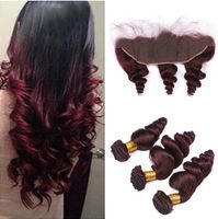 Wholesale Loose Wave Wavy J Wine Red Brazilian Virgin Human Hair With Frontal x4 Burgundy Lace Frontal Closure With Bundles