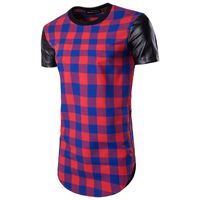Wholesale Men s Fashion Leather T shirts Quick Dry Brand T Shirts Panelled Contrast Color Lattice Top Quality Creative Check Irregular Short Sleeve Casual Clothing