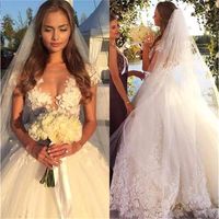 Wholesale Elegant Sheer Scoop Neck Short Sleeves Ball Gowns Wedding Dresses Cap Sleeves Lace Appliques Bride Gowns Casamento