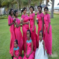 Wholesale Hot Pink Nigerian Arabic Style Mermaid Bridesmaid Dresses Sheer Neck Short Sleeves Lace Plus Size Cheap Wedding Guest Party Gowns