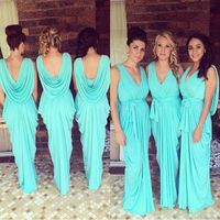 Wholesale Cheap Glowing Teal Turquoise Bridesmaid Dresses V Neck Draped Ruffles Chiffon Backless Junior Long Bridesmaid Gowns