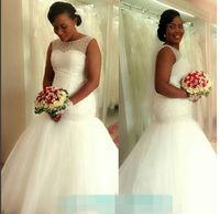 Wholesale 2019 Gorgeous African American Black Girl Wedding Dress Mermaid White Pearls Puffy Bridal Dress Wedding Gown