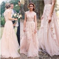 Wholesale 2020 Blush Lace Wedding Dresses V Neck Cap Sleeves Reem Acra Puffy Bridal Gowns Vintage Country Garden A line Floor Length Wedding Gowns