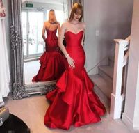 Wholesale Sexy Red strapless evening dress Sleeveless Back Lace up Sweep Train Formal Prom Gowns Mermaid Summer Cocktail Party Gowns