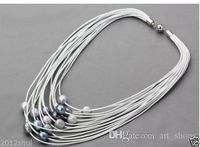Wholesale 11 mm Grey Black Freshwater Pearl Multi Strand Leather Women Necklace