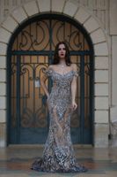 Wholesale 2021 Gorgeous Crystal Rhinestone Mermaid Evening Dresses Off Shoulder Backless Champagne Evening Dresses With Silver Crystal Pageant Dress