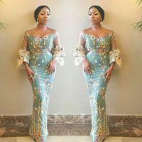 Wholesale Unique Flowers Fabric Prom Dresses South African Off The Shoulder Evening Gowns Sheer Sleeves Mermaid Plus Size Formal Party Dress
