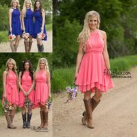Wholesale 2021 Cheap Country Short Bridesmaid Dresses Coral Sky Blue Modest Wedding Guest Gowns Knee Length Bridesmaids Dress Maid of Honor Under