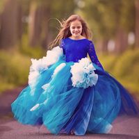 Wholesale Designer Royal Blue Ball Gown Pageant Dresses Jewel Neck Long Sleeve Lace Children Party Dress Ruffles Backless Puffy Flower Girls Dress