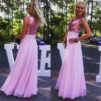 Wholesale New Fashion Pink Sequined Chiffon Prom Dresses Long Cheap V Neck Ruched Dresses Party Evening Custom Made China EN102710