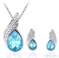 Wholesale Crystal Diamond Angel Tears Drop Necklace Earrings Sets Silver Chain Rhinestone Leaf Necklace Stud Earring for Women Fashion Wedding Jewelry
