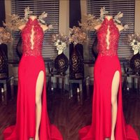 Wholesale 2017 Red Long Prom Dresses Lace Appliques High Neck Sexy Keyhole Side Split Chiffon Formal Evening Celebrity Gowns Custom Made Party Gown