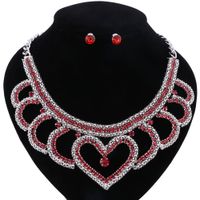 Wholesale Vintage Quality Wedding Bridal Gold Plated Heart shaped Design Red Crystal Pendant Fashion Necklace Earring Party Jewelry Sets