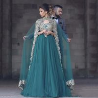 Wholesale 2019 Teal Turquoise Arabic Muslim Evening Dresses With Cape Scoop A Line Soft Tulle WIth Gold Lace Applique Long Prom Celebrity Gowns