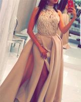 Wholesale Yousef Aljasmi Mermaid Long Prom Dresses Halter See Through Lace Beads High Slilts arabic dubai overskirts Evening Formal Gowns