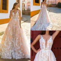 Wholesale Champagne Wedding Dresses With White Lace Applique A Line Bridal Gowns Plunging Sleeveless Back Zipper Custom Made Wedding Gowns New