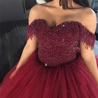 Wholesale Burgundy Tulle Wedding Dresses Ball Gowns Off The Shoulder With Tassel Heavy Crystals Bridal Dress with Corset Back