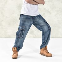 Wholesale autumn winter fashion loose plus size multi pockets cargo pants parkour tooling jeans Denim Blue for men