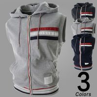 Wholesale Sport Vest Men Sleeveless Hoodies Jackets Patchwork Color Striped Design Hooded Zipper Drawstring Pockets Slim Fit For Man Vest Free Ship