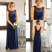 Wholesale New Country Navy Blue Scoop Bridesmaid Dresses Cheap Beach Beach CHiffon Wrinkles Lace Sheer Long Pregnant Maid of Honor Gowns BA9979